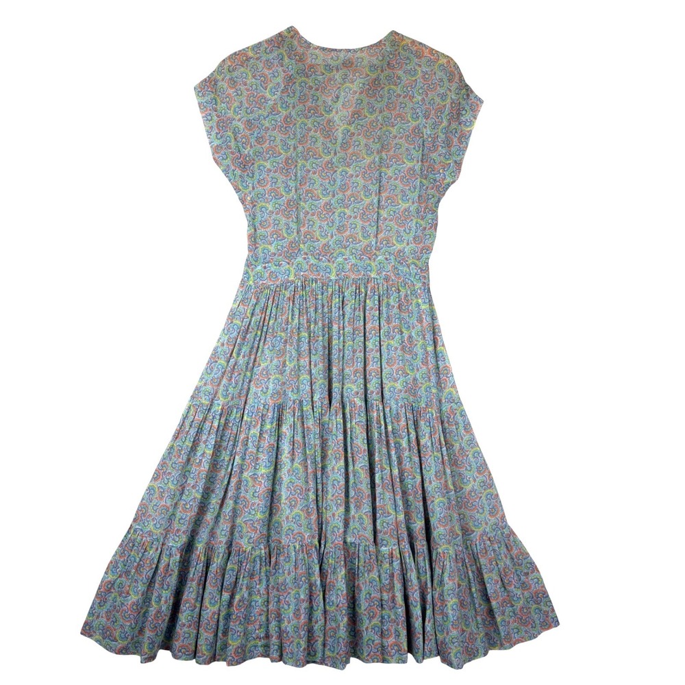 Vintage Psychedelic Paisley Tiered Midi Dress Blue Orange Boho Prairie Cottage